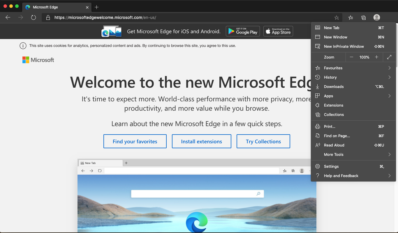 Microsoft Edge 85.0 : Options menu