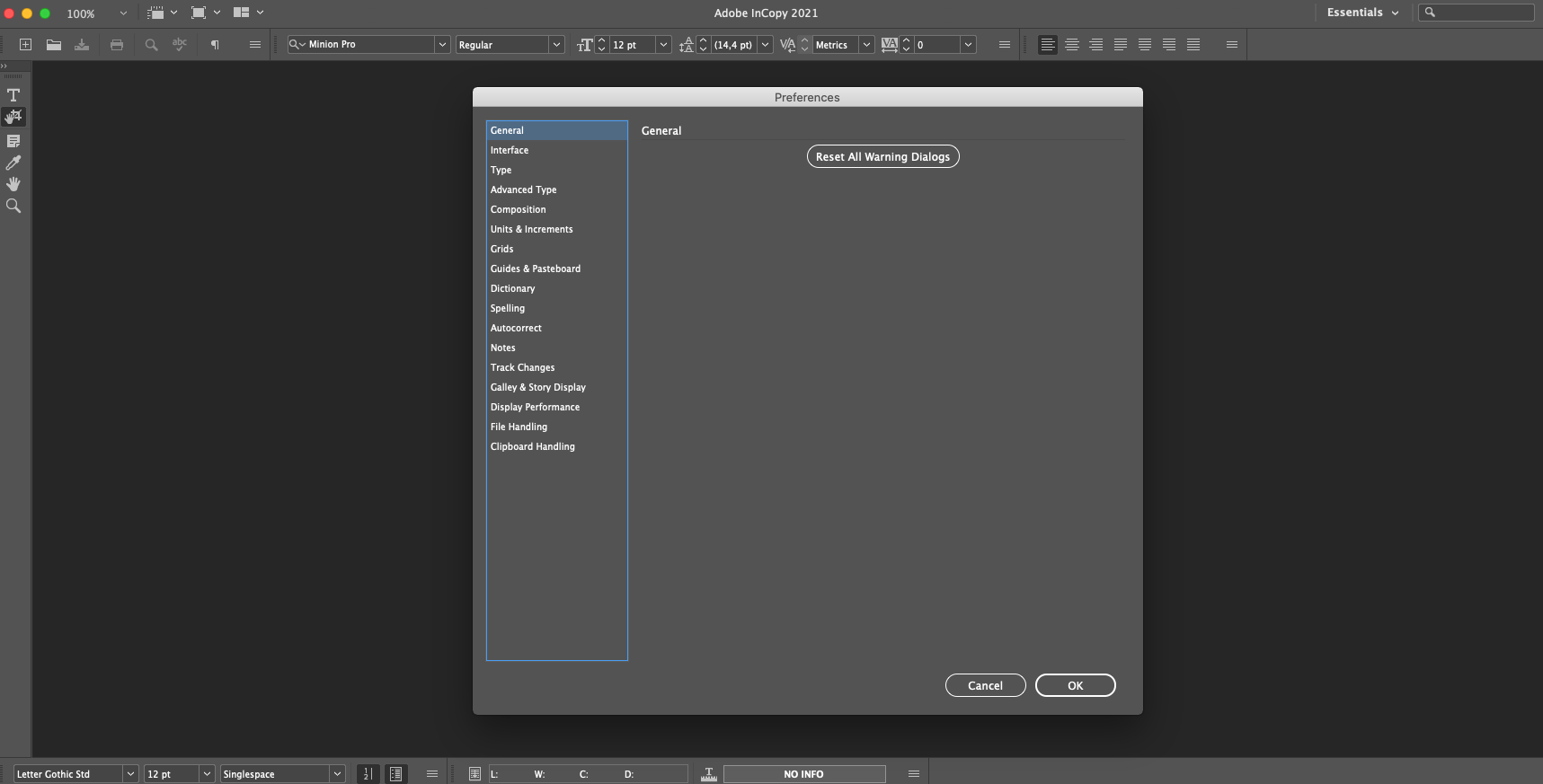 Adobe InCopy 2020 16.2 : Preferences screen