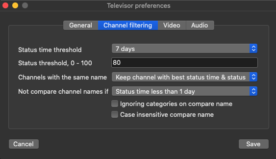 Televisor 1.0 : Channel filtering tab