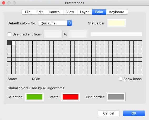 Golly 3.4 : Color Preferences