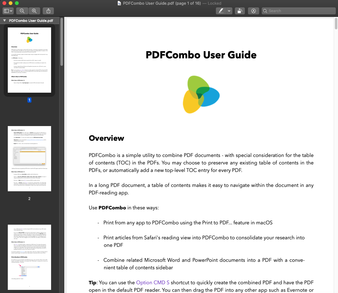 PDFCombo 1.5 : Documentation screen