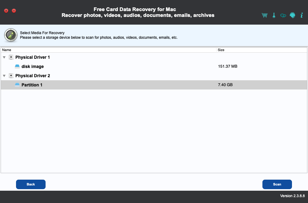 Free Card Data Recovery for Mac 2.3 : Select Media Window