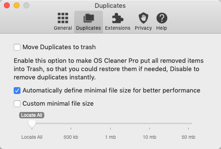 OS Cleaner Pro 7.2 : Duplicates Options