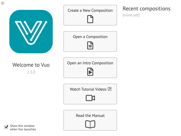 Vuo Editor 2.3 : Main menu view