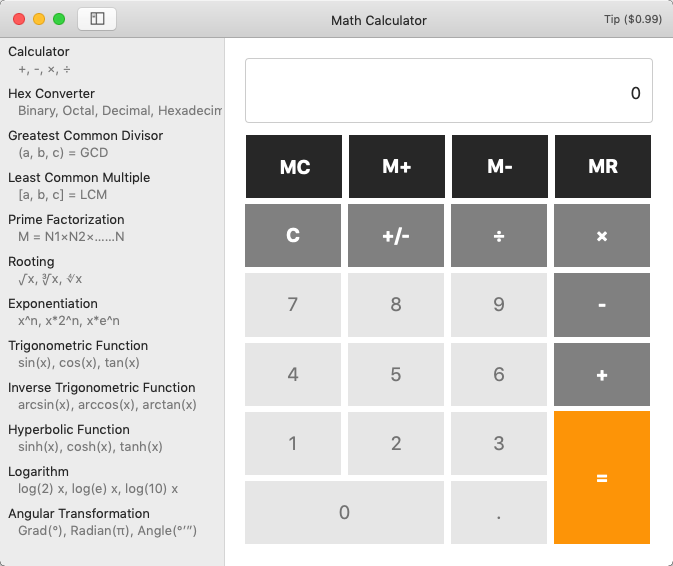 Math Calculator 20.8 : Main Window