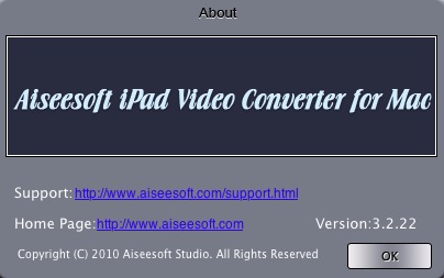 Aiseesoft iPad Video Converter 3.2 : About window