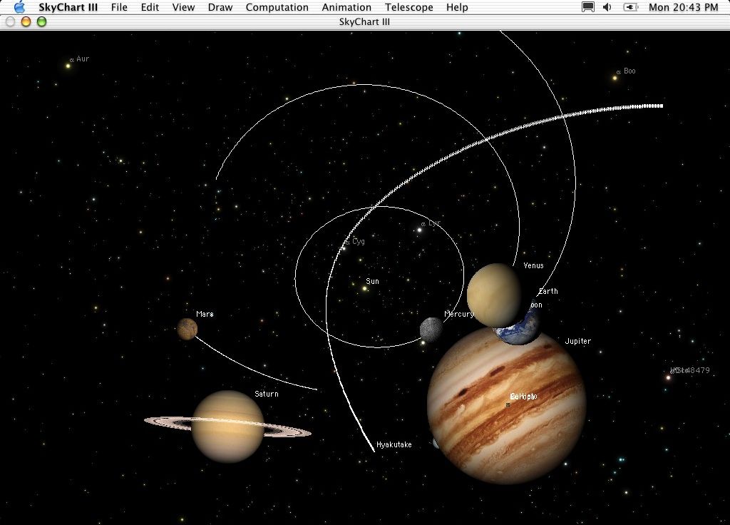 skychart 3.5 : A view of the orbit of comet Hyakutake and the inner solar system, with planets highly magnified.