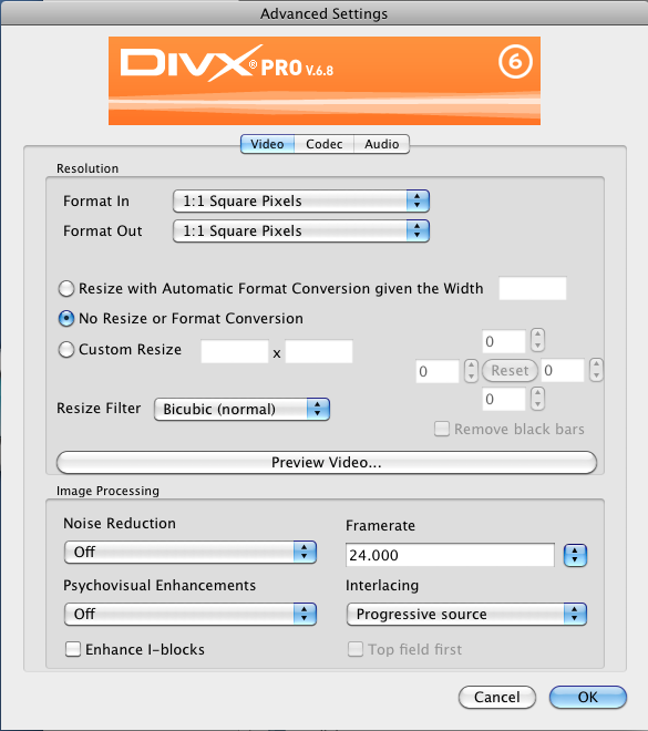 DivX Converter : Advanced settings