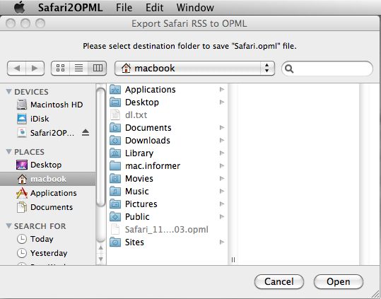 Safari2OPML 2.0 : Main window