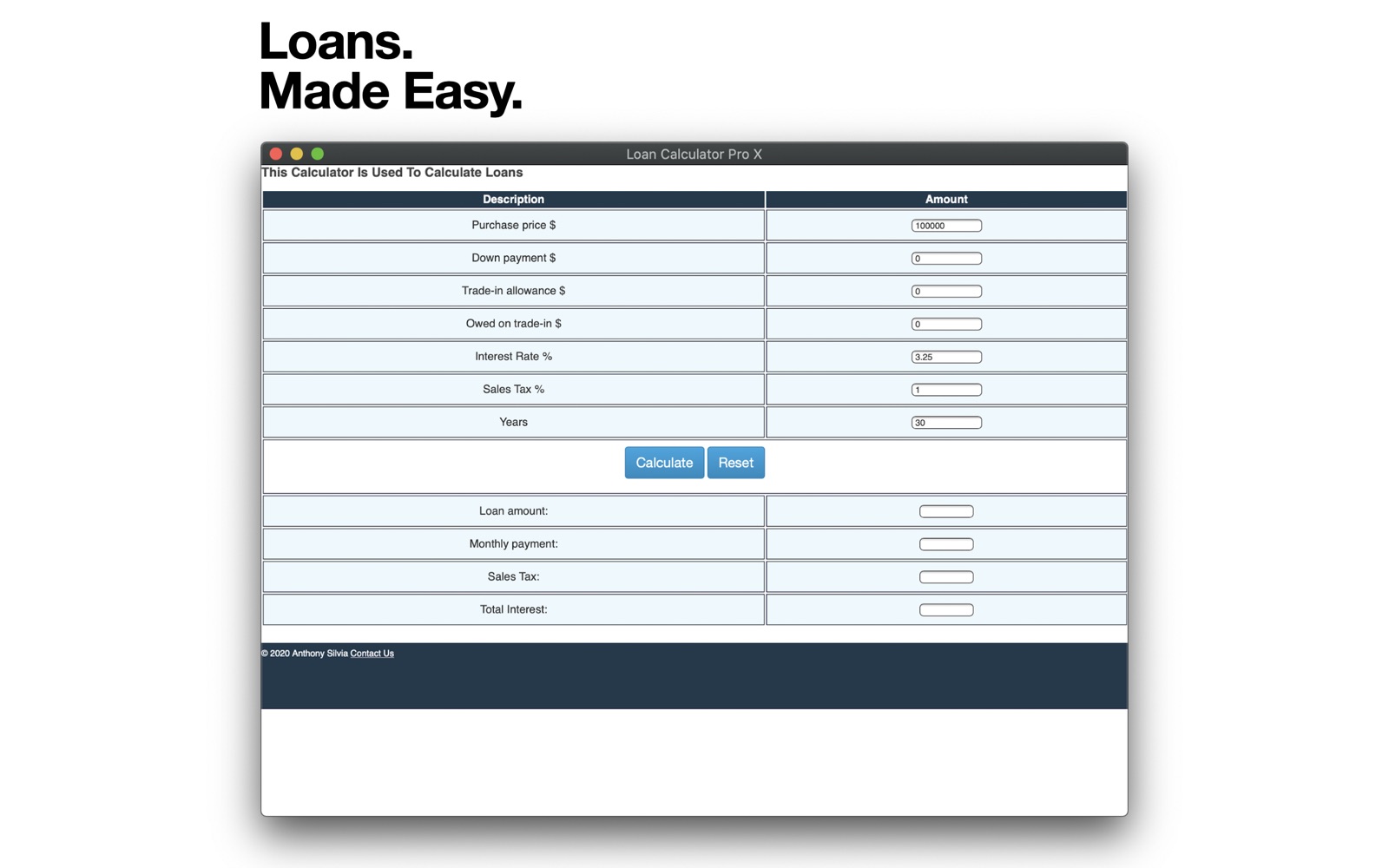Loan Calculator Pro X 1.0 : Main Window