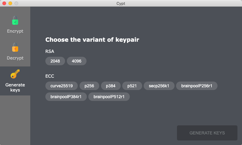 Cypt 1.1 : Generate Keys Window