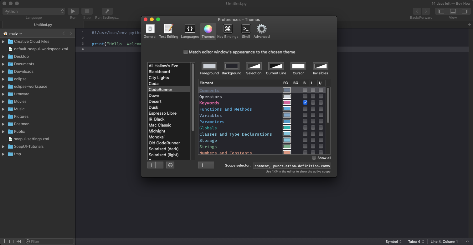 CodeRunner 4.0 : Themes window