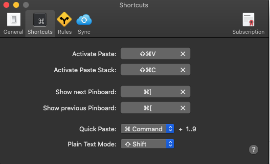 Paste 3.0 : Shortcuts tab