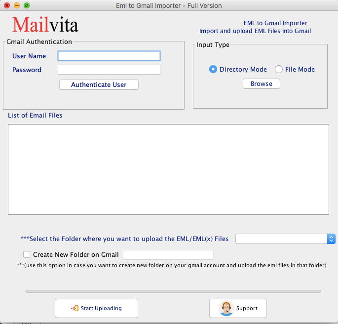 MailVita EML to Gmail Importer for Mac 1.0 : Main Window