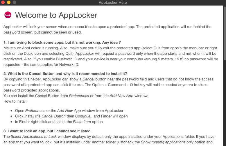 AppLocker 3.8 : Help window