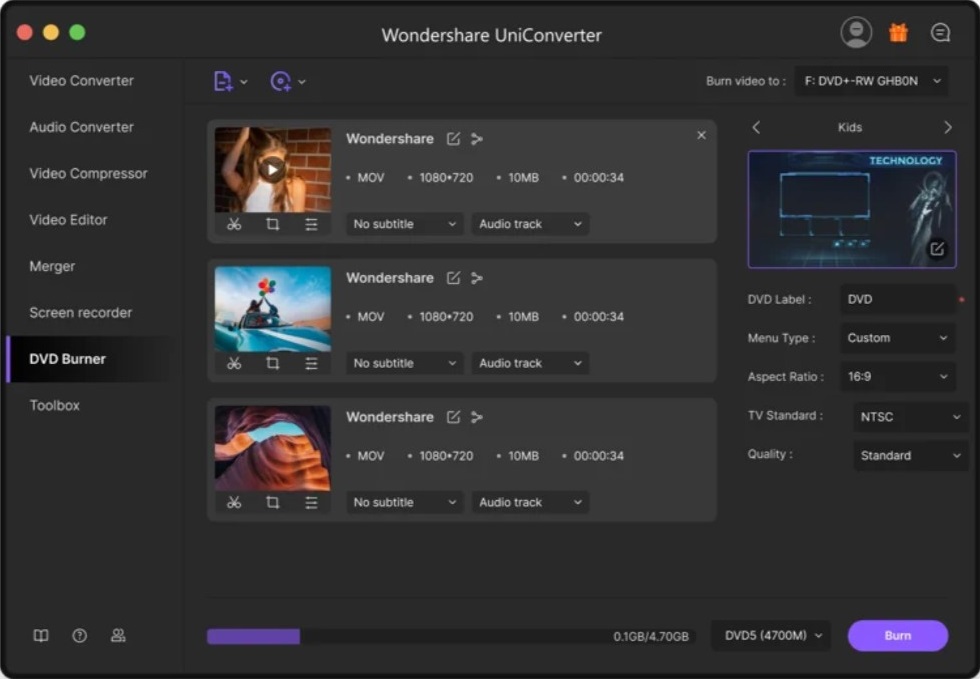 Wondershare UniConverter 12.0 : DVD Burner