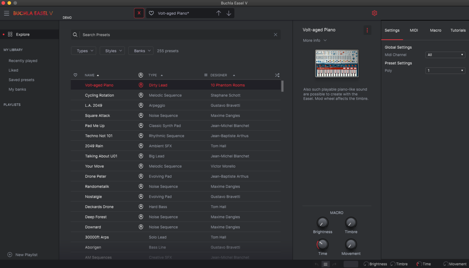 Buchla Easel V 1.7 : Configuration options screen