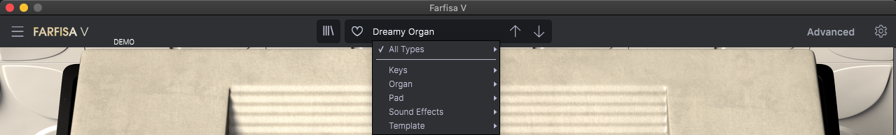 Farfisa V 1.7 : Organ settings view