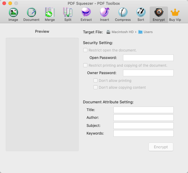 PDF Squeezer - PDF Toolbox 6.1 : Encrypt Window