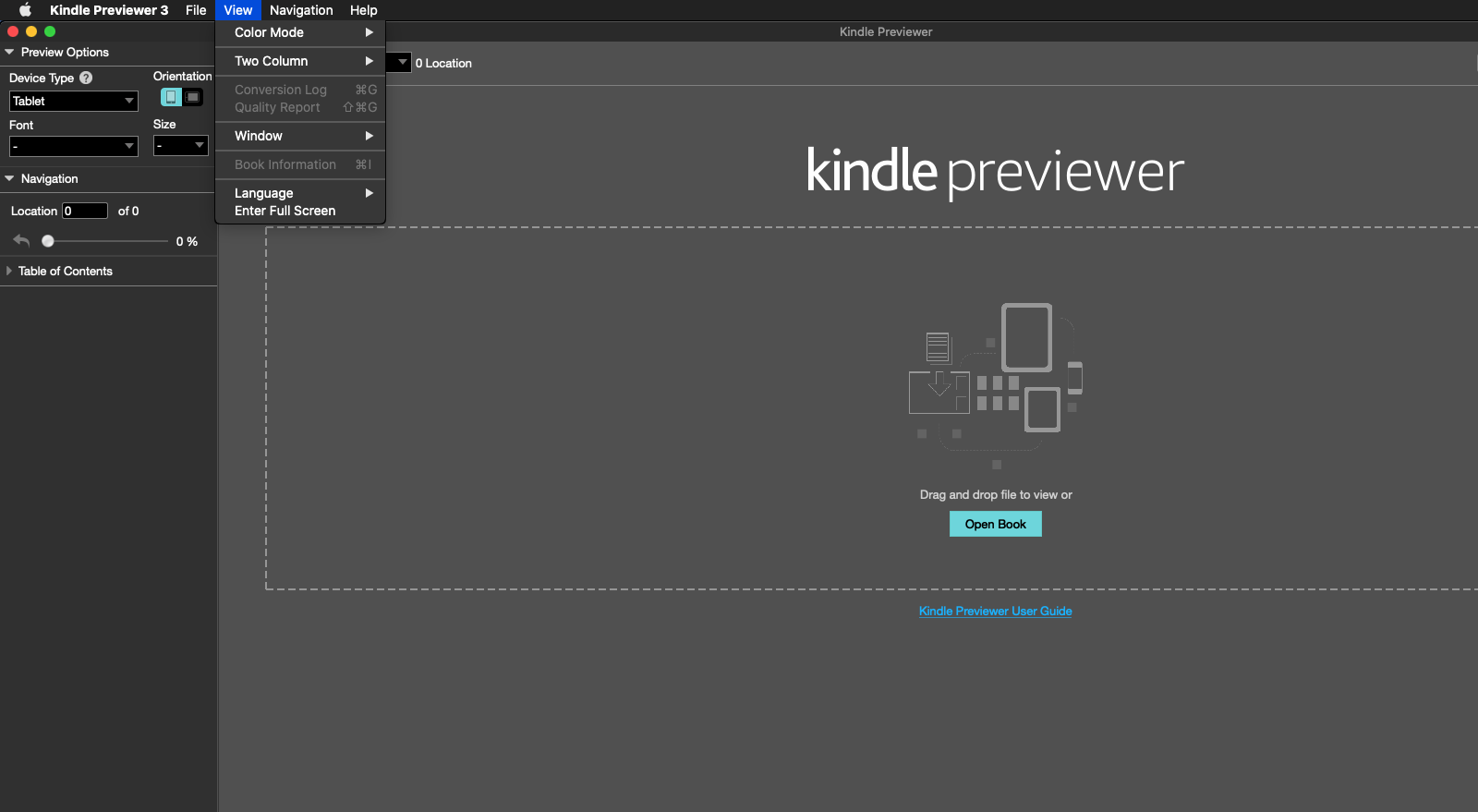 Kindle Previewer 3 3.5 : View tab 