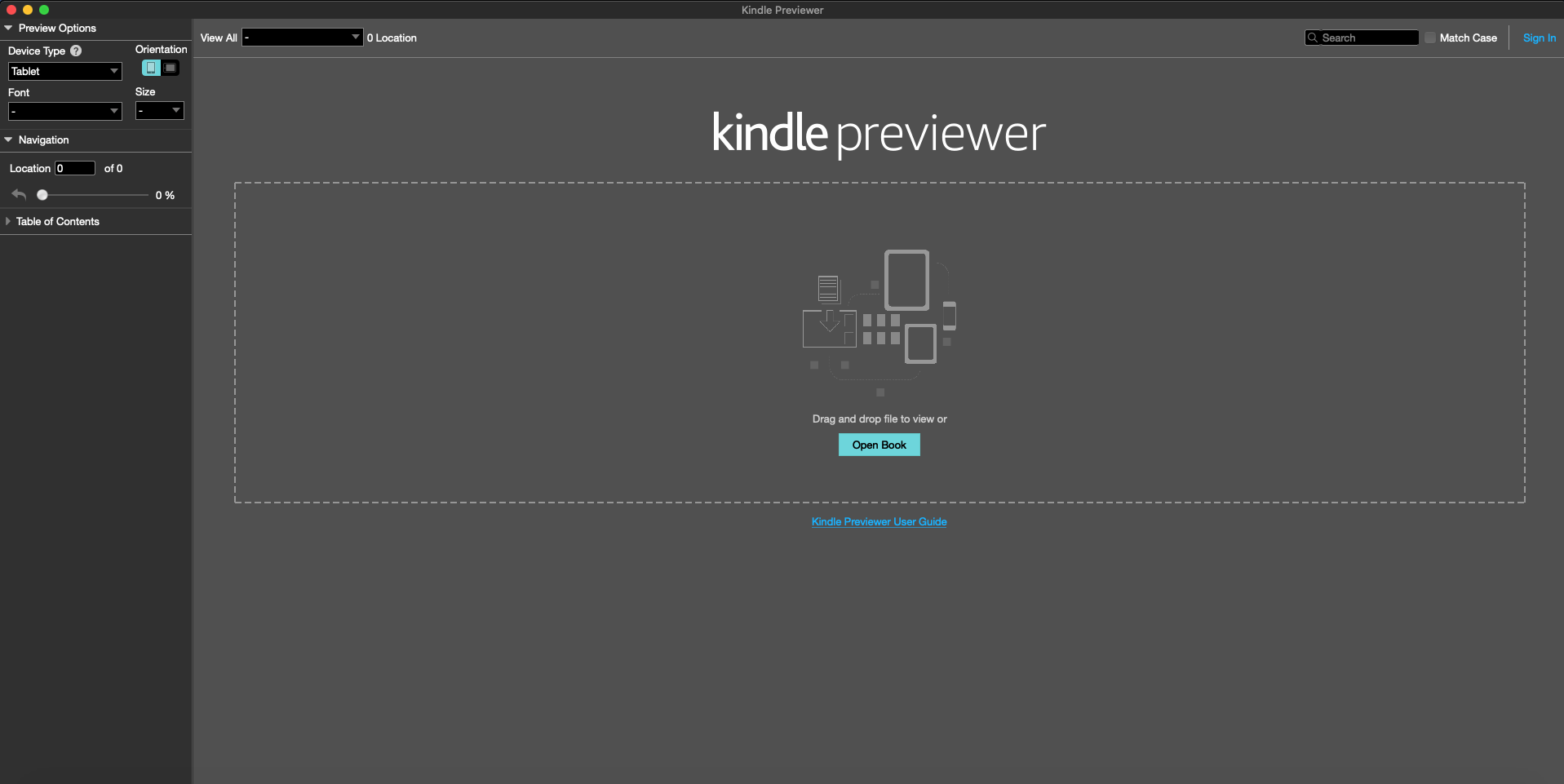Kindle Previewer 3 3.5 : Main screen