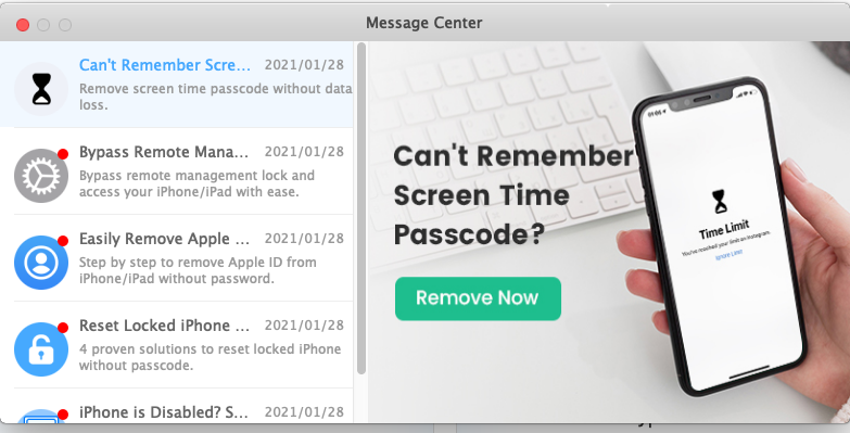 iMyFone LockWiper 7.4 : Message center screen