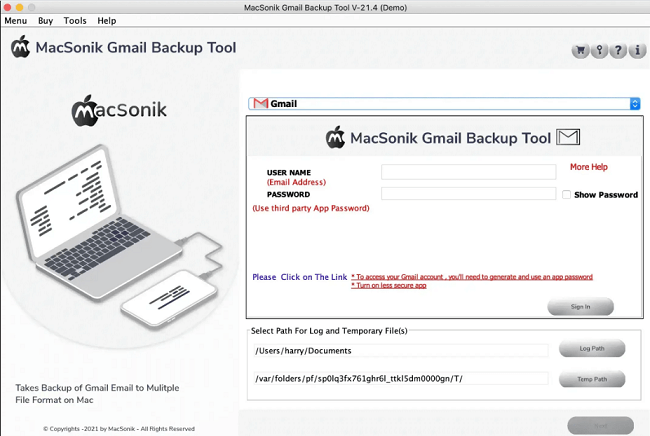 MacSonik Gamil Email Backup Tool 21.4 : Main Window