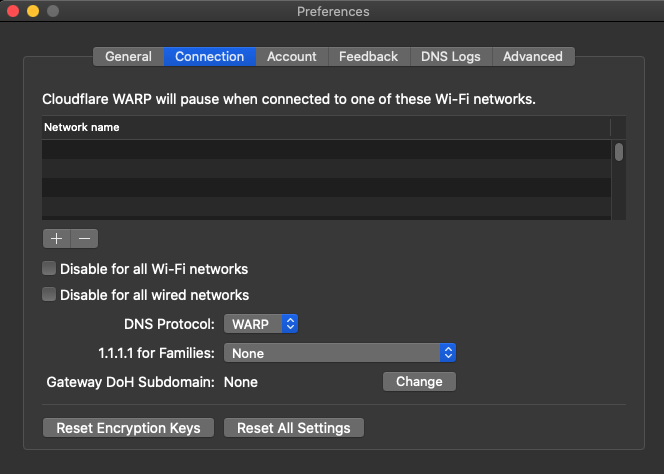 Cloudflare WARP 1.5 : Connection tab