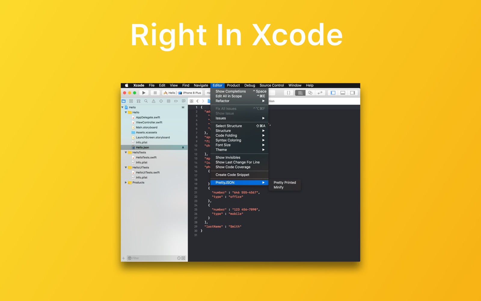 PrettyJSON for Xcode 1.5 : Main Window