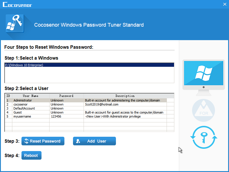 Cocosenor Windows Password Tuner for Mac 3.2 : Main Window