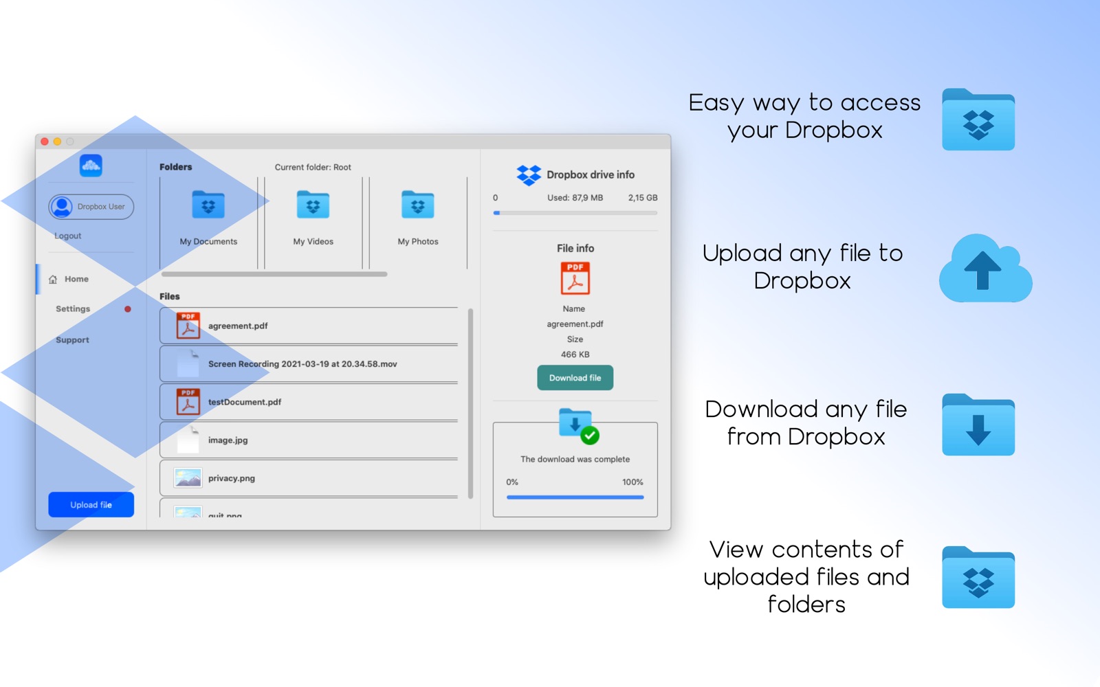 Easy Share or Save for Dropbox 2.0 : Main Window