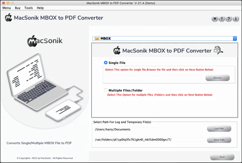 MacSonik MBOX to PDF Converter Tool 21.4 : Main Window