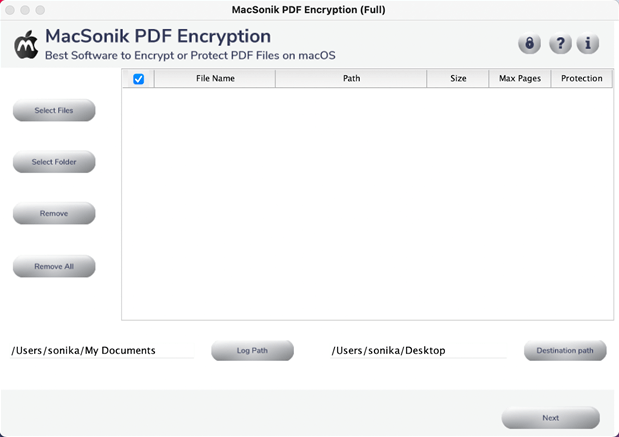 MacSonik PDF Encryption 21.7 : Main Window