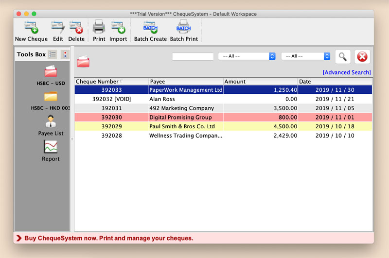 ChequeSystem Cheque Printing Software for Mac 7.4 : Main Window