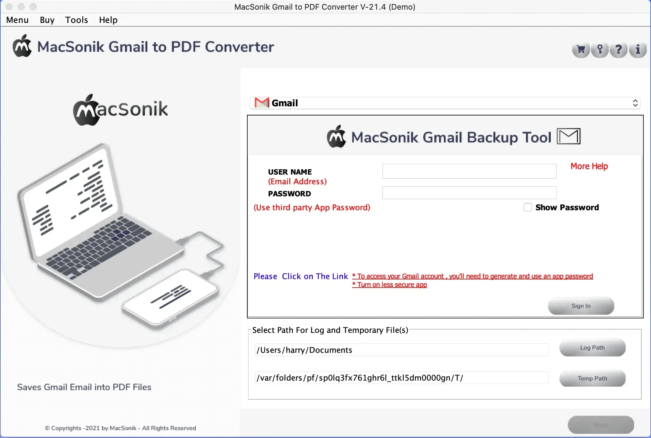 MacSonik Gmail to PDF Converter for Mac 21.4 : Main Window