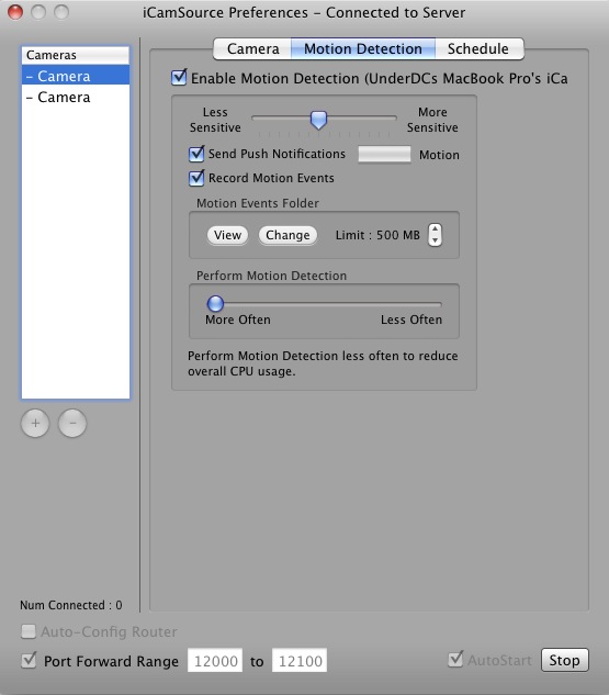iCamSource 2.2 : Motion detection settings