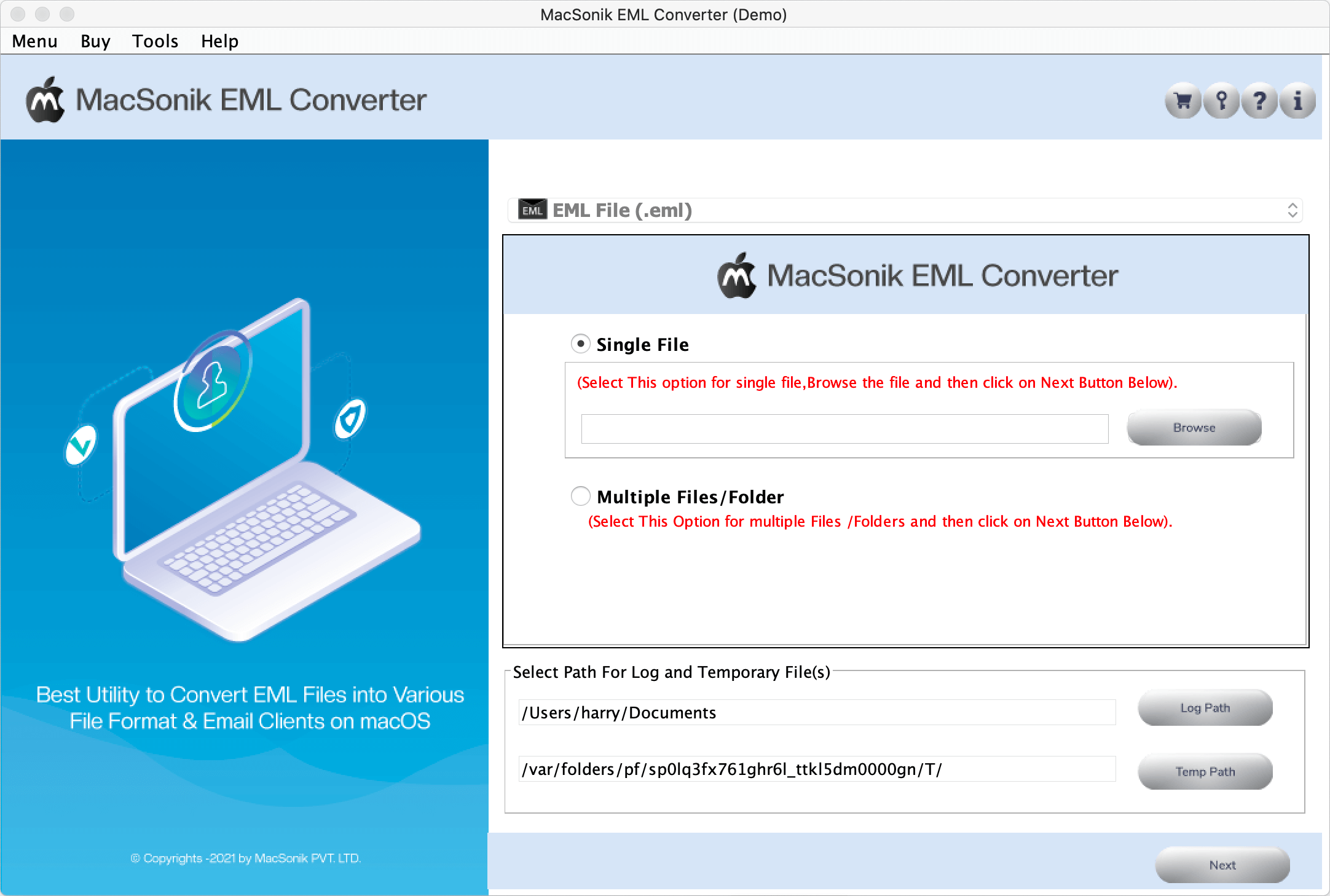MacSonik EML Converter 21.9 : Main Window