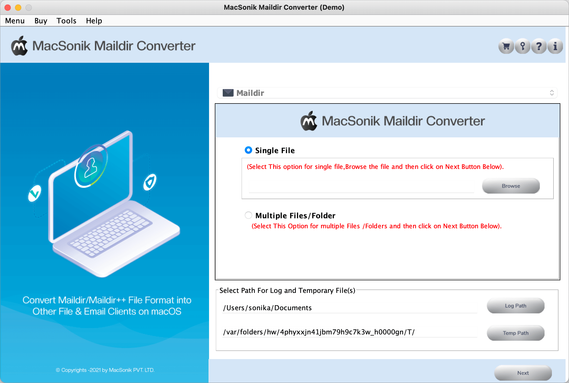 MacSonik Maildir Converter 21.9 : Main Window