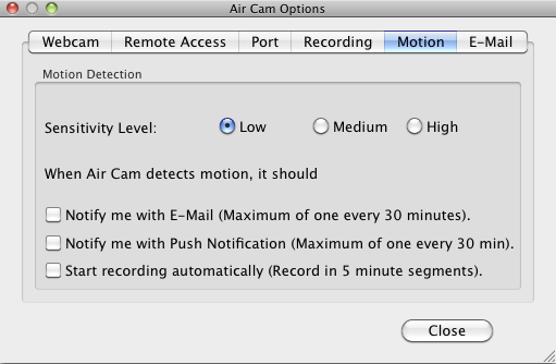 Air Cam 1.6 : Motion options