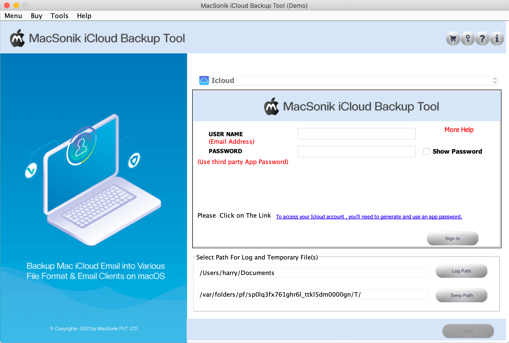 MacSonik iCloud Backup Tool 21.9 : Main Window