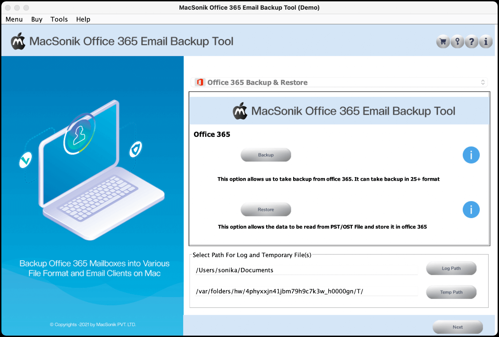 MacSonik Office 365 Backup Tool 21.9 : Main Window