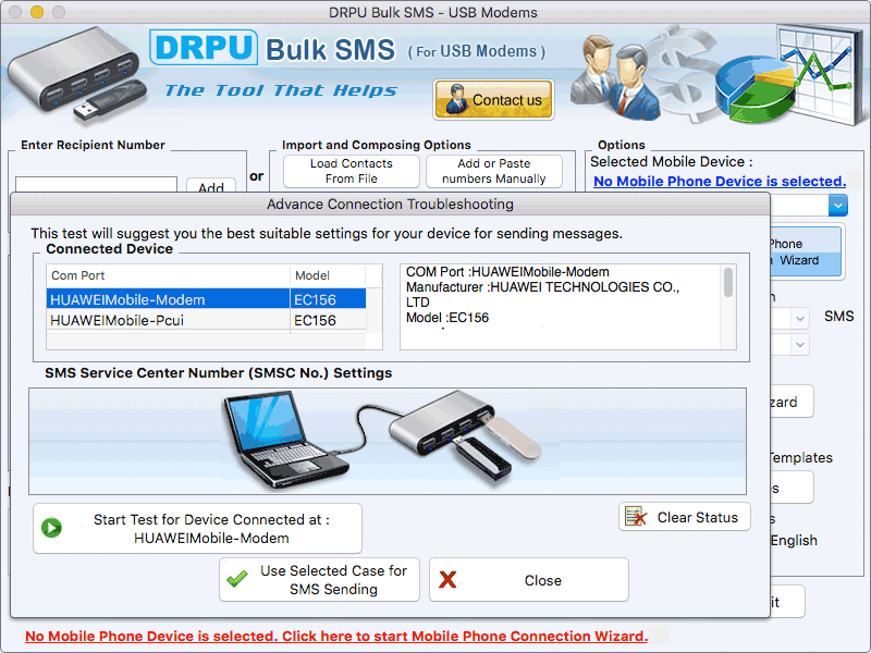 Apple USB Modem Bulk SMS Messaging App 8.0 : Main Window