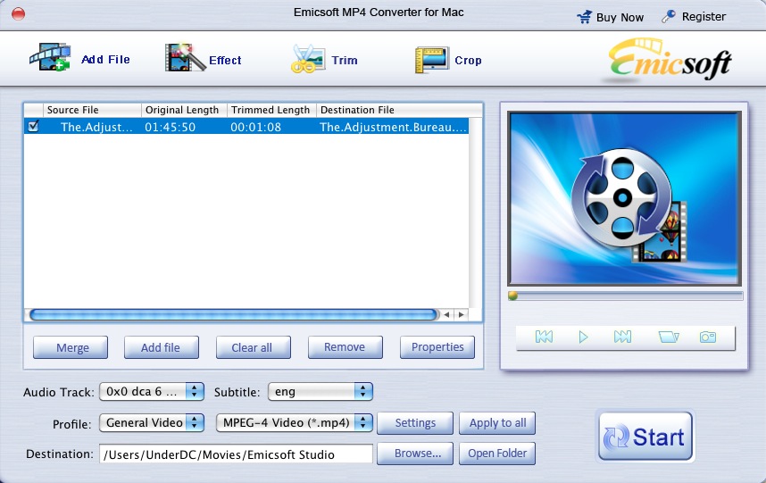 Emicsoft MP4 Converter for Mac 3.1 : Main window