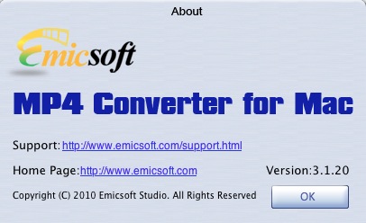 Emicsoft MP4 Converter for Mac 3.1 : About window