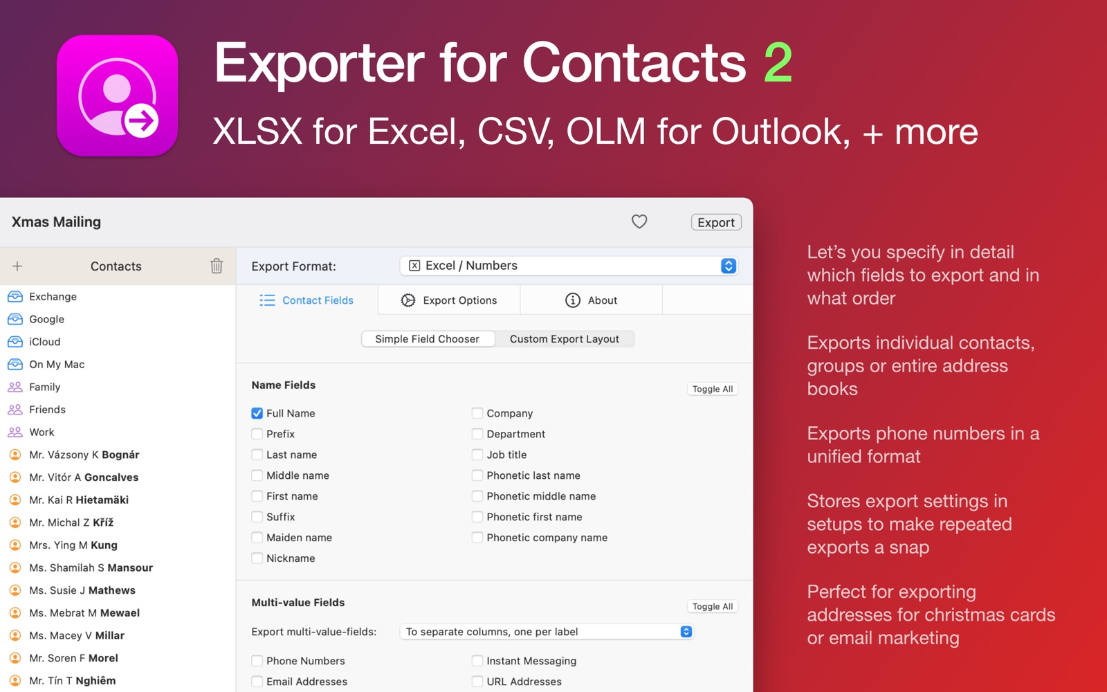 Exporter for Contacts 2 2.1 : Main Window