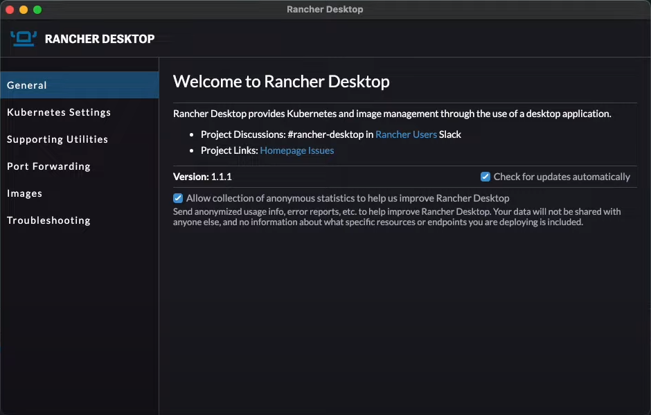 Rancher Desktop 1.4 : Main Window