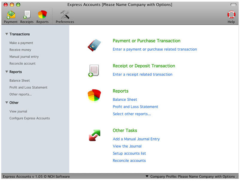 Express Accounts Plus for Mac 10.05 : Main Window