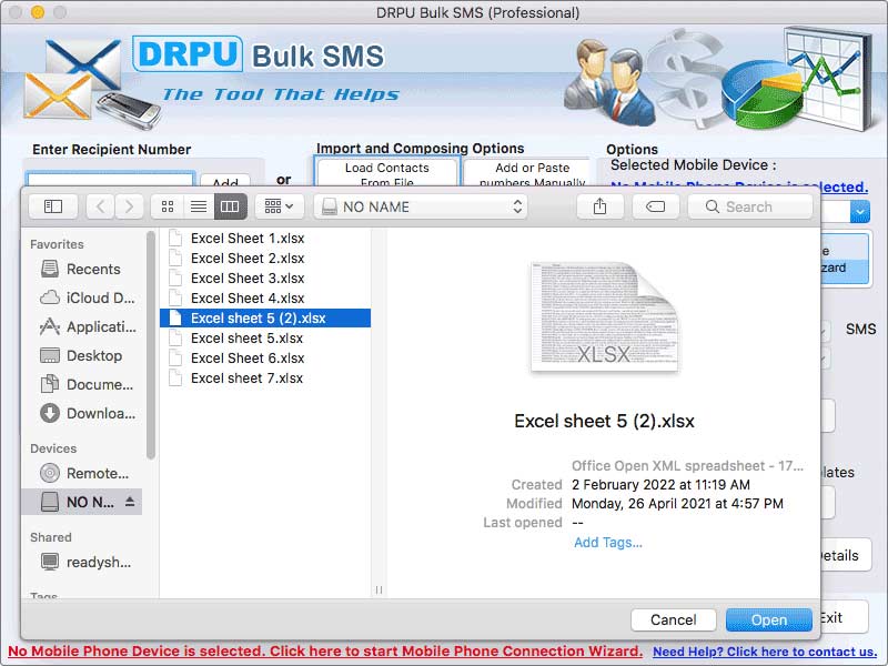 Apple Mac Mass SMS Delivery Application 9.2 : Main Window