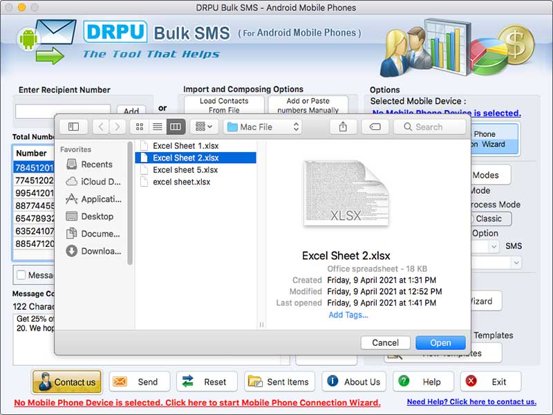 Mac Bulk SMS Software for Android Phones 9.3 : Main Window