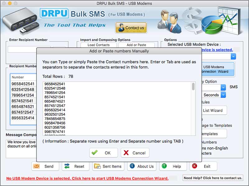 Mac Bulk SMS Software for USB Modems 9.5 : Main Window